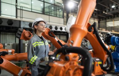 After installing a program on the robotic arm, a female engineer with a robotic arm controller performs a test run.
